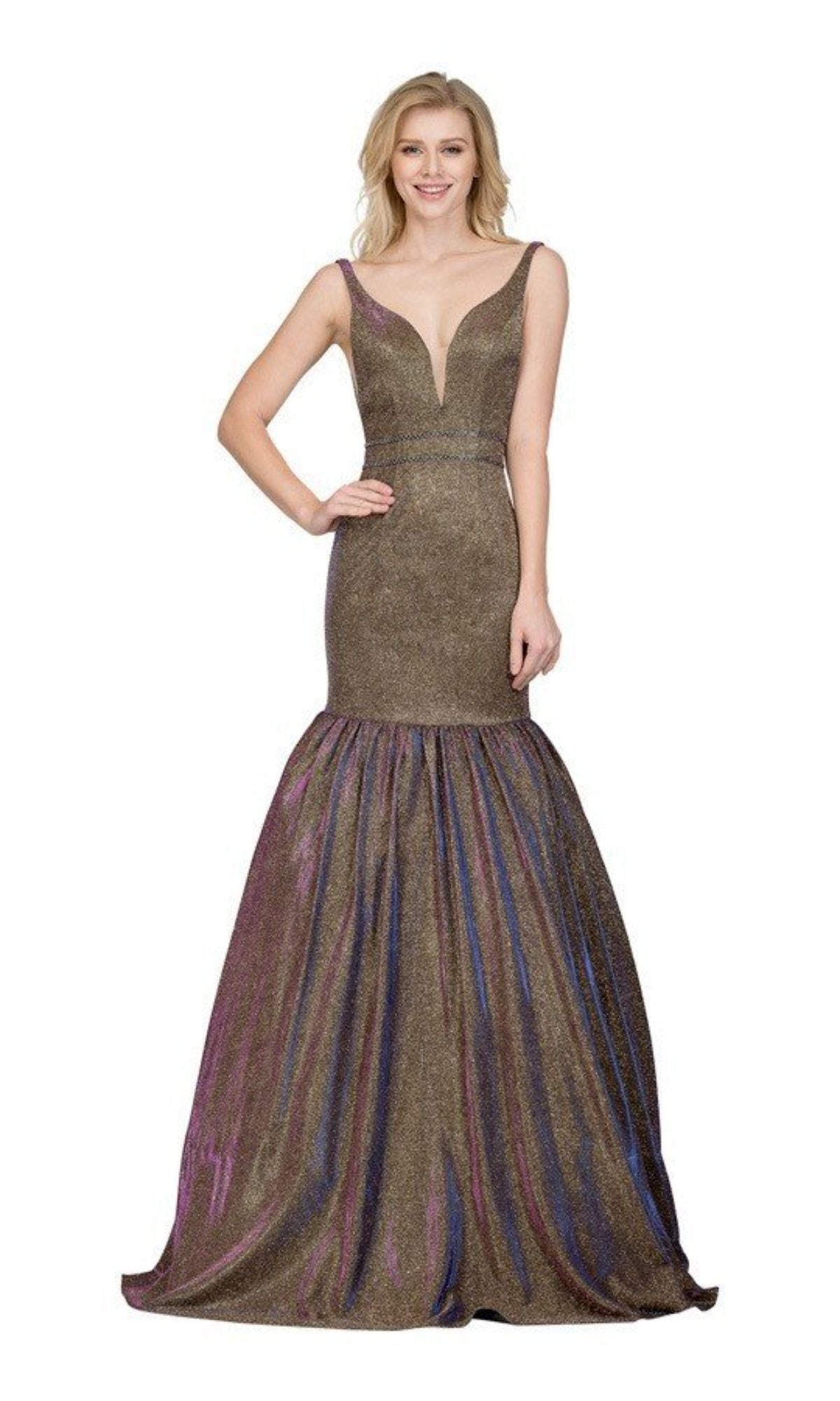 Woman wearing the Long Glitter Mermaid Prom Dress: Chicas DR7006, a sleeveless metallic bronze gown with a deep V neckline and open-back design, standing against a plain white background.